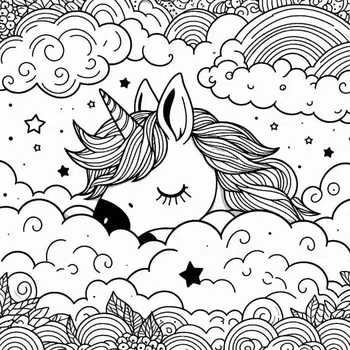 Unicornio dormido en las nubes para colorear