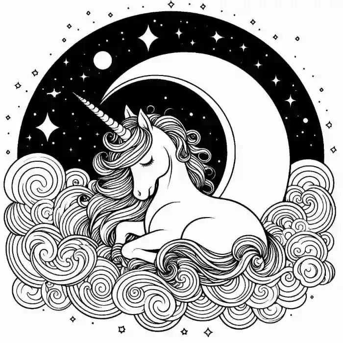 Unicornio dormido en noche para colorear