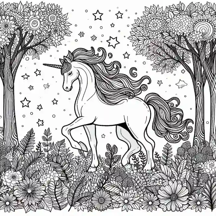Unicornio en bosque encantado para colorear