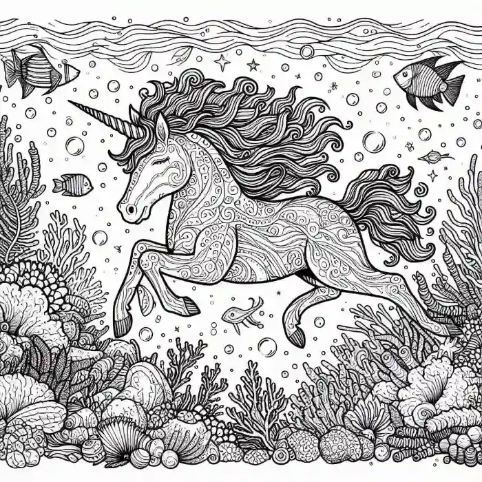 Unicornio en el fondo del mar para colorear