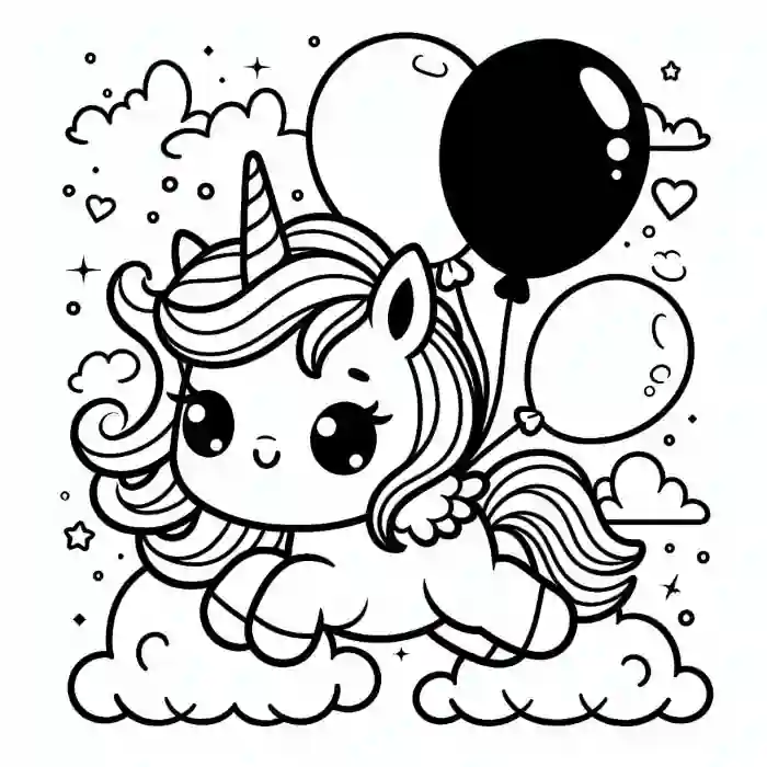 Unicornio kawaii con globos para colorear