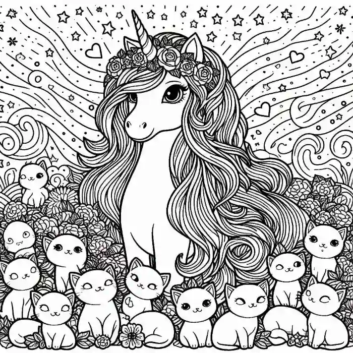 Unicornio rodeado de gatitos para colorear