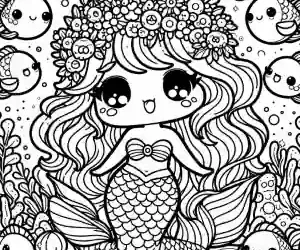 kawaii little mermaid in the sea coloring page