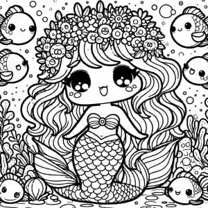 kawaii little mermaid in the sea coloring page