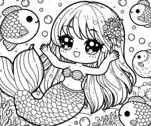 kawaii mermaid swimming happy coloring page