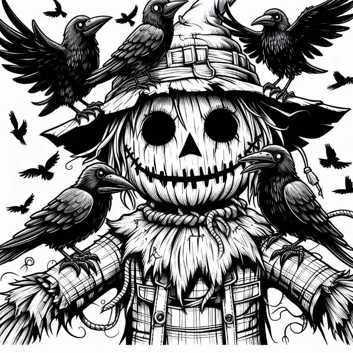 Espantapájaros con cuervos para colorear