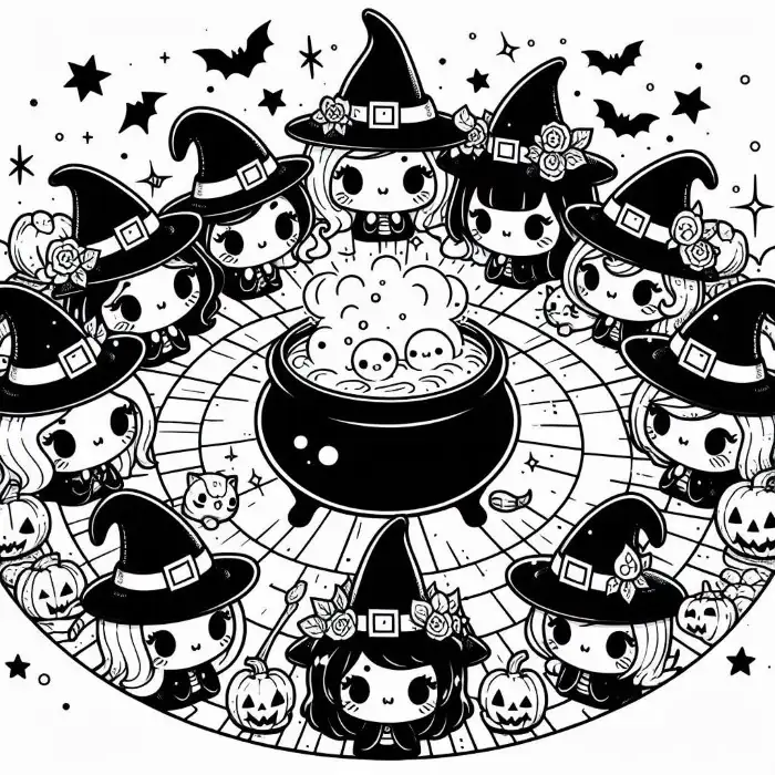 aquelarre  de brujitas para colorear