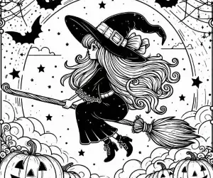 Brujita voladora de Halloween para colorear