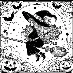 Brujita voladora de Halloween para colorear