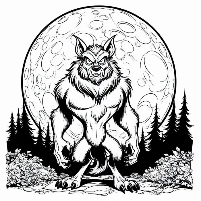 Hombre lobo y luna en  halloween para colorear