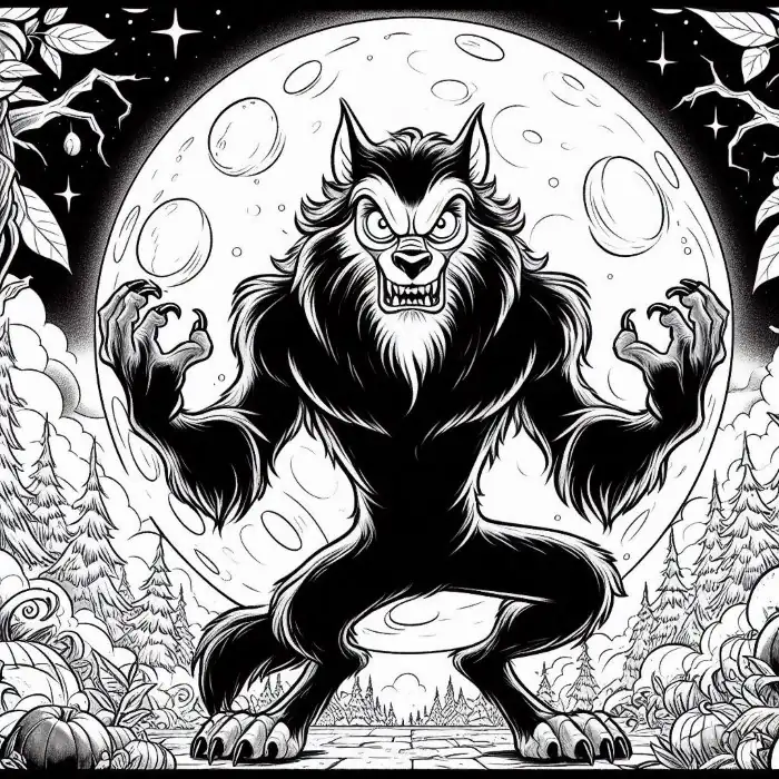 Hombre lobo en el bosque nocturno para colorear