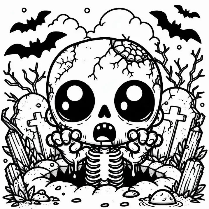 Zombi kawaii con murciélagos para colorear